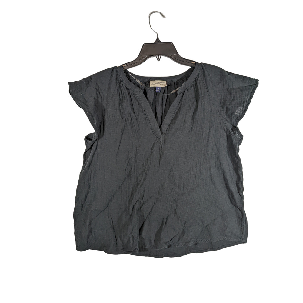 Blouse Gauze Flutter Sleeve Universal Thread Black Medium Split Neck Pullover